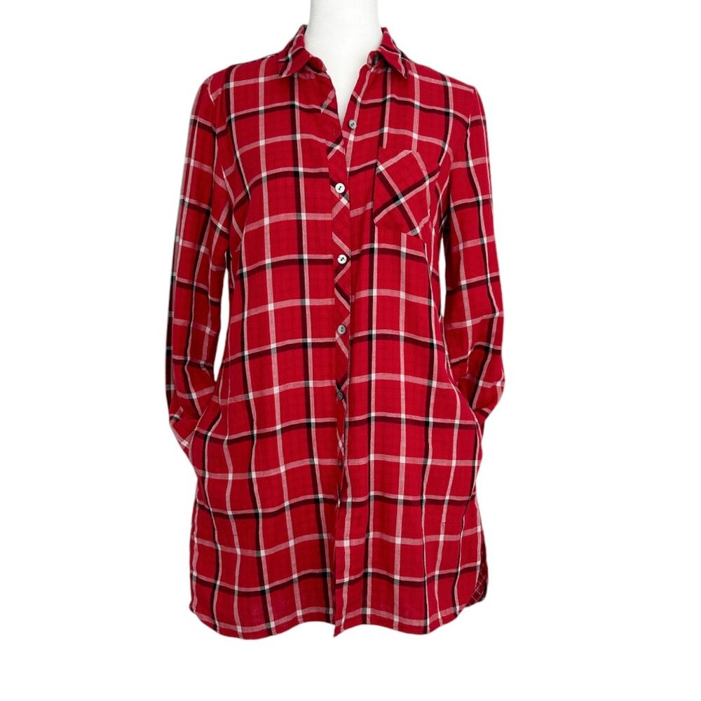 J. Jill Cotton Plaid Button Down Tunic Long Sleeve Shirt Dress (XS) - Picture 2 of 15